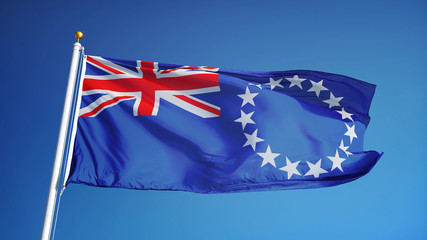 Cook Islands flag waving against clean blue sky, close up, isolated with clipping path mask alpha channel transparency