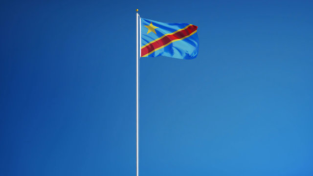 Democratic Republic of the Congo flag waving against clean sky, long shot, isolated with clipping path mask alpha channel transparency, for film, news, digital composition