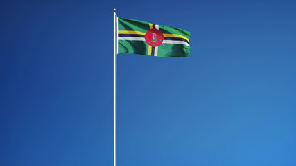 Dominica flag waving against clean blue sky, long shot, isolated with clipping path mask alpha channel transparency