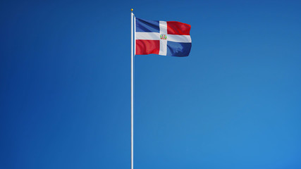 Dominican Republic flag waving against clean blue sky, long shot, isolated with clipping path mask alpha channel transparency