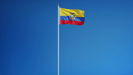 Ecuador flag waving against clean blue sky, long shot, isolated with clipping path mask alpha channel transparency