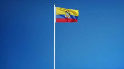 Ecuador flag waving against clean blue sky, long shot, isolated with clipping path mask alpha channel transparency