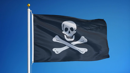 Pirate flag waving against clean blue sky, close up, isolated with clipping path mask alpha channel transparency