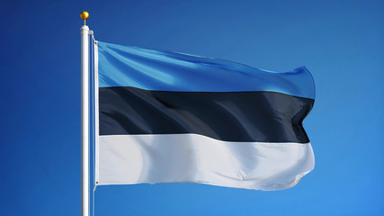 Estonia flag waving against clean blue sky, close up, isolated with clipping path mask alpha channel transparency