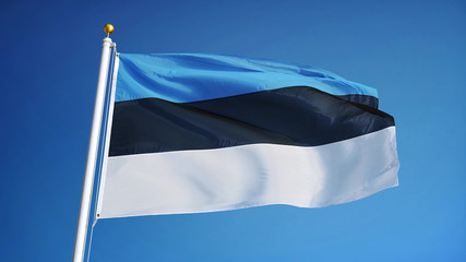 Estonia flag waving against clean blue sky, close up, isolated with clipping path mask alpha channel transparency