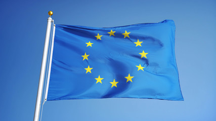 European Union flag waving against clean blue sky, close up, isolated with clipping path mask alpha channel transparency