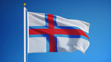 Faroe Islands flag waving against clean blue sky, close up, isolated with clipping path mask alpha channel transparency digital composition