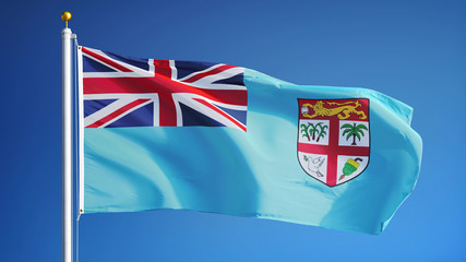 Fiji flag waving against clean blue sky, close up, isolated with clipping path mask alpha channel transparency