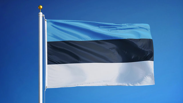 Estonia flag waving against clean blue sky, close up, isolated with clipping path mask alpha channel transparency