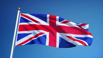 Great britain flag waving against clean blue sky, close up, isolated with clipping path mask alpha...