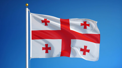 Georgia flag waving against clean blue sky, close up, isolated with clipping path mask alpha channel transparency - obrazy, fototapety, plakaty