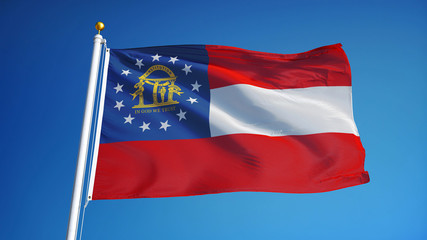 Fototapeta na wymiar Georgia (U.S. state) flag waving against clean blue sky, close up, isolated with clipping path mask alpha channel transparency with black and white matte