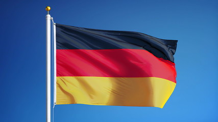 Germany flag waving against clean blue sky, close up, isolated with clipping path mask alpha channel transparency