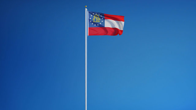 Georgia (U.S. state) flag waving against clean blue sky, long shot, isolated with clipping path mask alpha channel transparency with black and white  matte