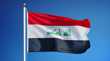 Iraq flag waving against clean blue sky, close up, isolated with clipping path mask alpha channel transparency © railwayfx