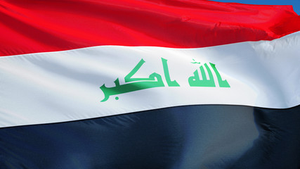 Iraq flag waving against clean blue sky, close up, isolated with clipping path mask alpha channel...
