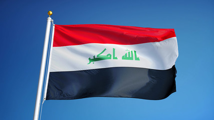 Naklejka na ściany i meble Iraq flag waving against clean blue sky, close up, isolated with clipping path mask alpha channel transparency