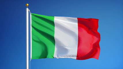 Italy flag waving against clean blue sky, close up, isolated with clipping path mask alpha channel transparency