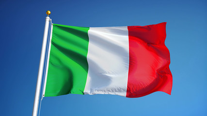 Italy flag waving against clean blue sky, close up, isolated with clipping path mask alpha channel transparency