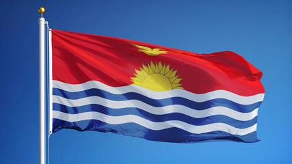 Fototapeta na wymiar Kiribati flag waving against clean blue sky, close up, isolated with clipping path mask alpha channel transparency