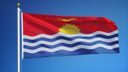 Kiribati flag waving against clean blue sky, close up, isolated with clipping path mask alpha...