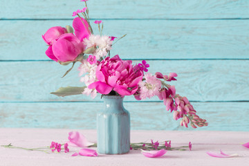 pink peony on blue background