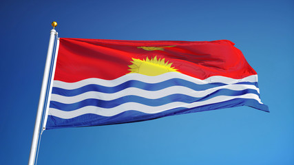 Kiribati flag waving against clean blue sky, close up, isolated with clipping path mask alpha channel transparency