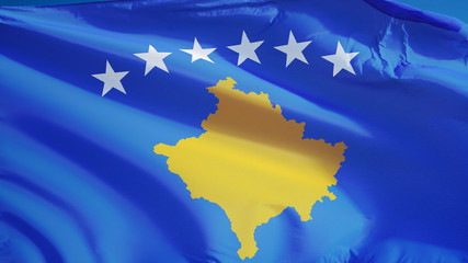 Kosovo flag waving against clean blue sky, close up, isolated with clipping path mask alpha channel transparency