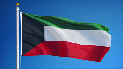 Kuwait flag waving against clean blue sky, close up, isolated with clipping path mask alpha channel transparency