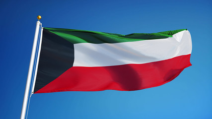 Kuwait flag waving against clean blue sky, close up, isolated with clipping path mask alpha channel transparency