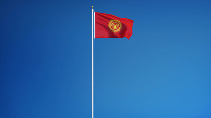 Kyrgyzstan flag waving against clean blue sky, long shot, isolated with clipping path mask alpha channel transparency