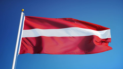 Fototapeta na wymiar Latvia flag waving against clean blue sky, close up, isolated with clipping path mask alpha channel transparency