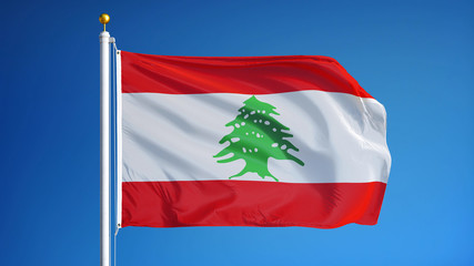 Fototapeta na wymiar Lebanon flag waving against clean blue sky, close up, isolated with clipping path mask alpha channel transparency