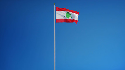 Lebanon flag waving against clean blue sky, long shot, isolated with clipping path mask alpha channel transparency