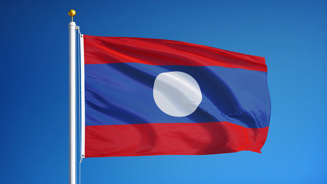 Laos flag waving against clean blue sky, close up, isolated with clipping path mask alpha channel transparency