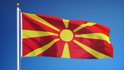 Macedonia flag waving against clean blue sky, close up, isolated with clipping path mask alpha channel transparency