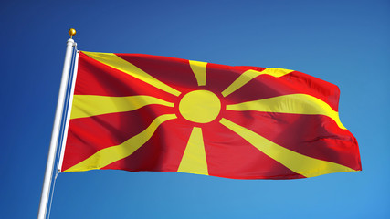 Macedonia flag waving against clean blue sky, close up, isolated with clipping path mask alpha channel transparency