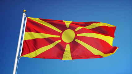 Macedonia flag waving against clean blue sky, close up, isolated with clipping path mask alpha channel transparency