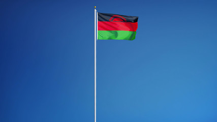 Malawi flag waving against clean blue sky, long shot, isolated with clipping path mask alpha channel transparency