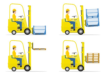 Set of cartoon forklift on a white background. Flat vector