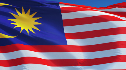 Malaysia flag waving against clean blue sky, close up, isolated with clipping path mask alpha channel transparency