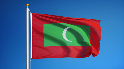 Maldives flag waving against clean blue sky, close up, isolated with clipping path mask alpha channel transparency