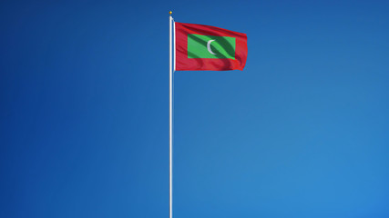Maldives flag waving against clean blue sky, long shot, isolated with clipping path mask alpha channel transparency