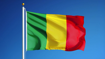 Mali flag waving against clean blue sky, close up, isolated with clipping path mask alpha channel transparency