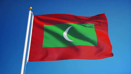 Maldives flag waving against clean blue sky, close up, isolated with clipping path mask alpha channel transparency