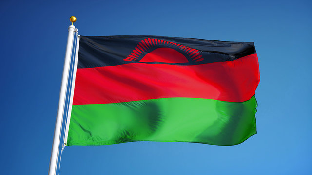 Malawi flag waving against clean blue sky, close up, isolated with clipping path mask alpha channel transparency
