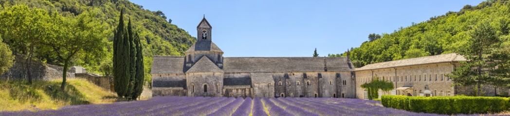 wide angle panorama with old church and lavender field