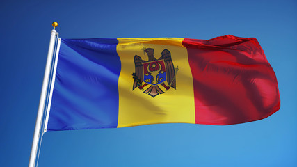 Moldova flag waving against clean blue sky, close up, isolated with clipping path mask alpha channel transparency