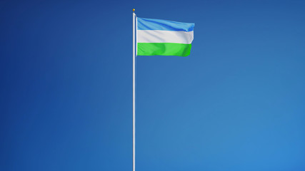 Molossia flag waving against clean blue sky, long shot, isolated with clipping path mask alpha channel transparency