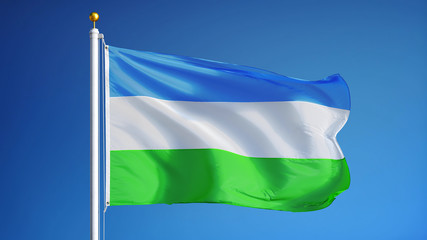 Molossia flag waving against clean blue sky, close up, isolated with clipping path mask alpha channel transparency
